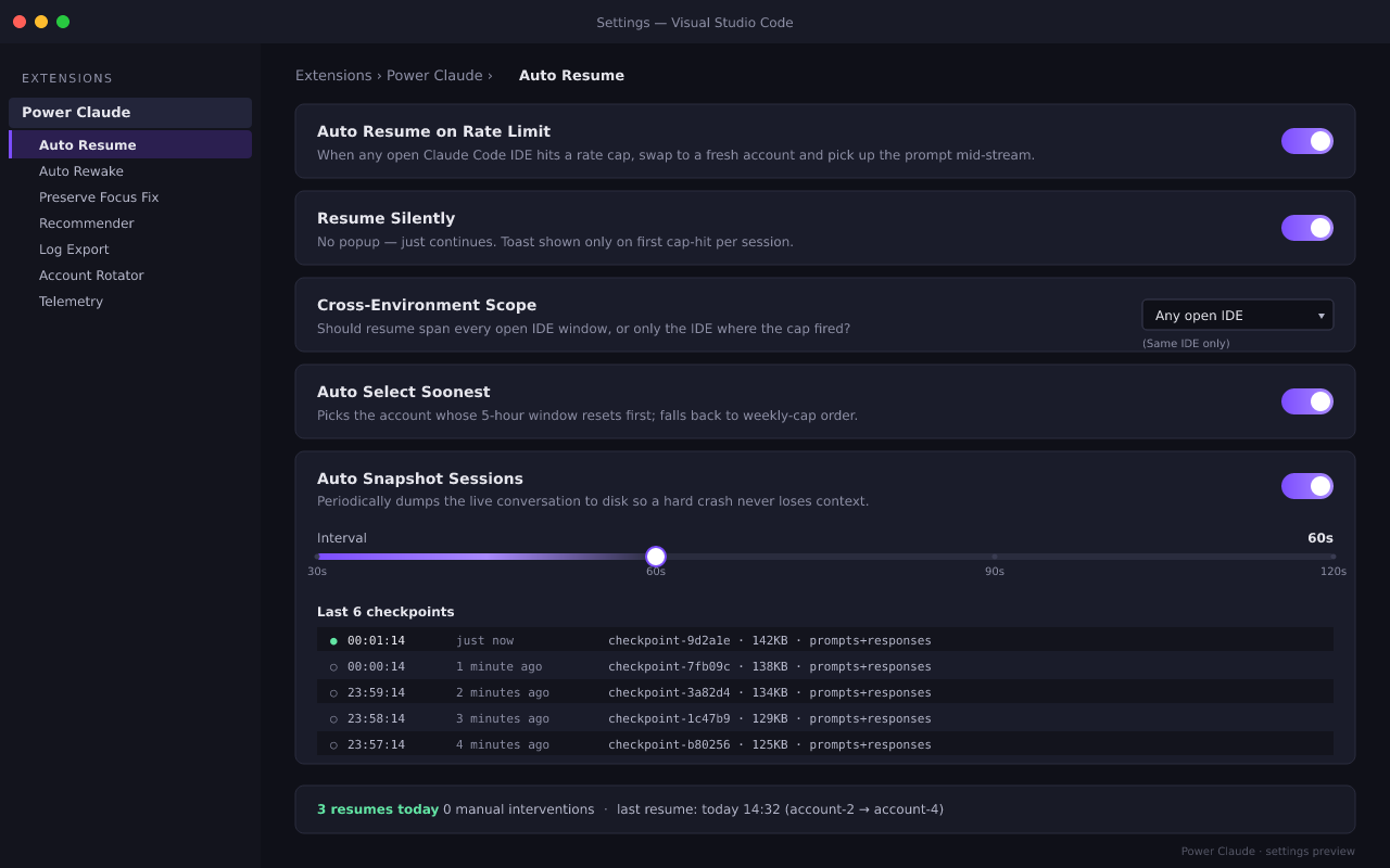 Auto-Resume settings — autoResumeOnRateLimit and autoResumeSilently toggles, crossEnvironment scope selector, and a 60-second snapshot retention slider showing the last six captured session checkpoints