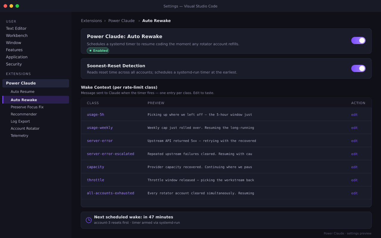 Auto-Rewake settings panel showing the 11-key powerClaude.autoRewake.* configuration: enabled toggle, soonest-reset detection, and per-rate-limit userExtras for each of the seven recognized 429 classes