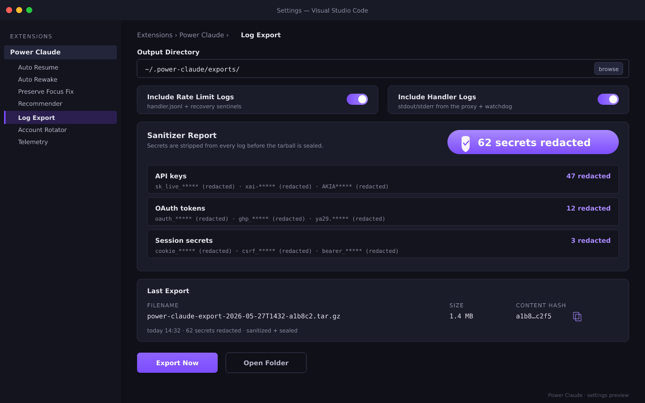 The Power Claude log export in VS Code — the structured rotation/event log