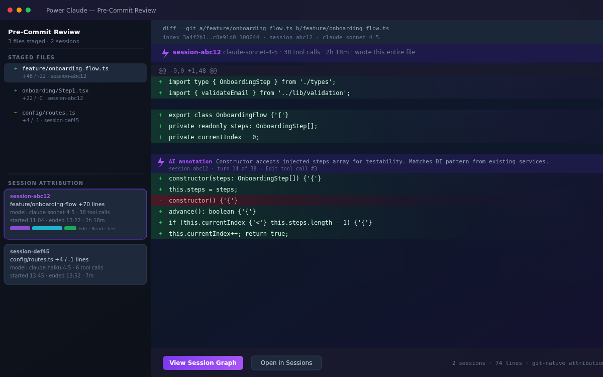 Power Claude Pre-Commit Review panel showing staged diff with session attribution per change