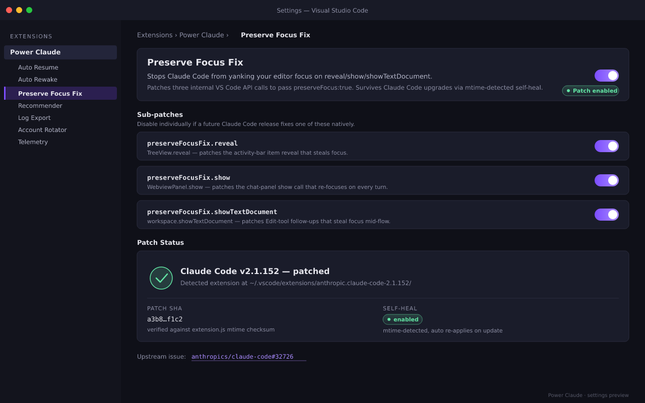 preserveFocusFix configuration panel — enabled by default, with per-call toggles for reveal/show/showTextDocument and a status line confirming the current Claude Code extension version is patched