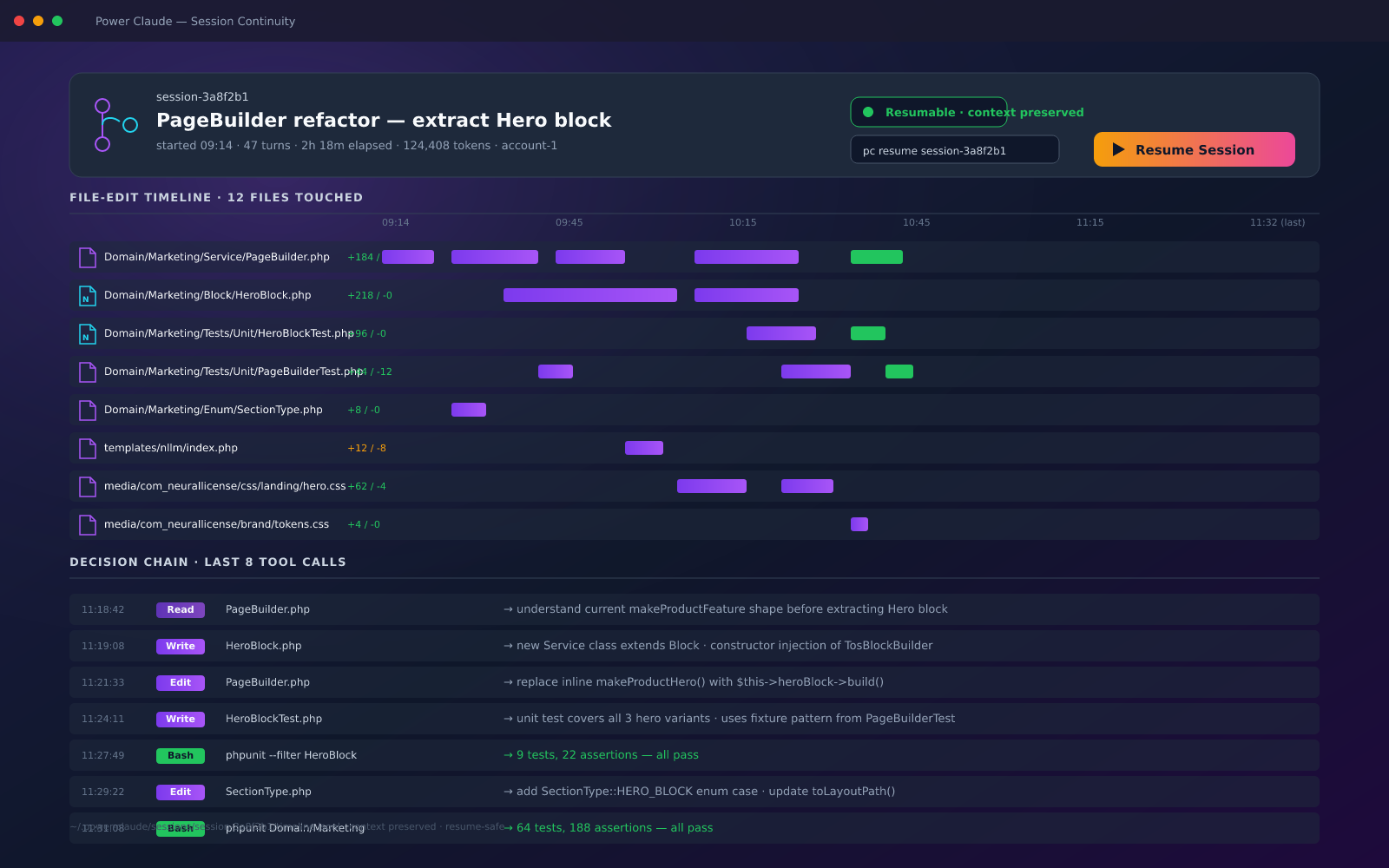 Power Claude session lane view showing resumable session history