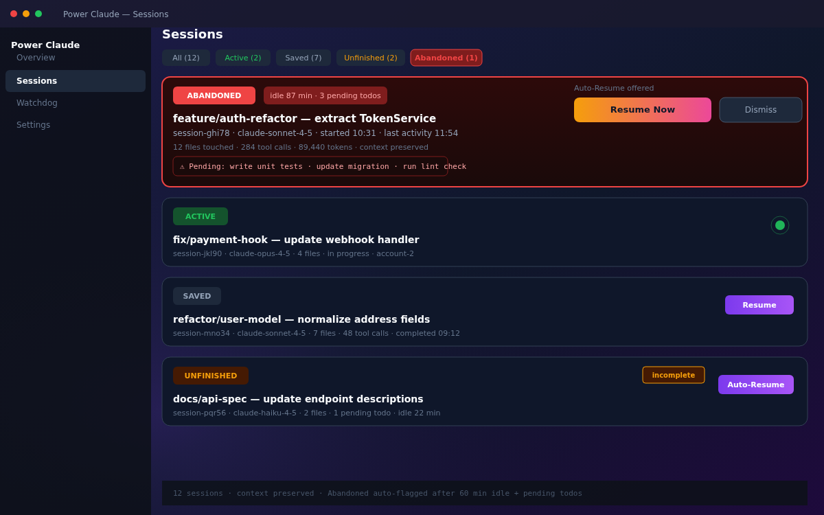Power Claude Sessions tab showing red Abandoned alert with auto-resume controls