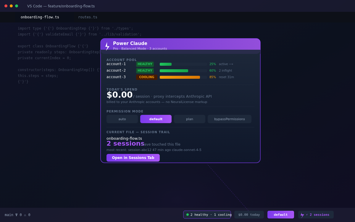 The Power Claude status bar in VS Code — active account, quota, and rotation state